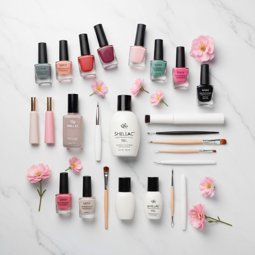 Luxury nail care products and tools arranged on a marble surface