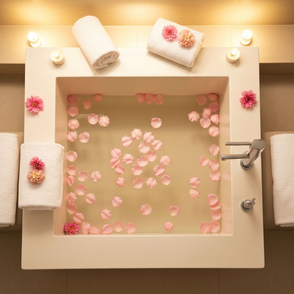 Relaxing spa pedicure basin with rose petals and candles